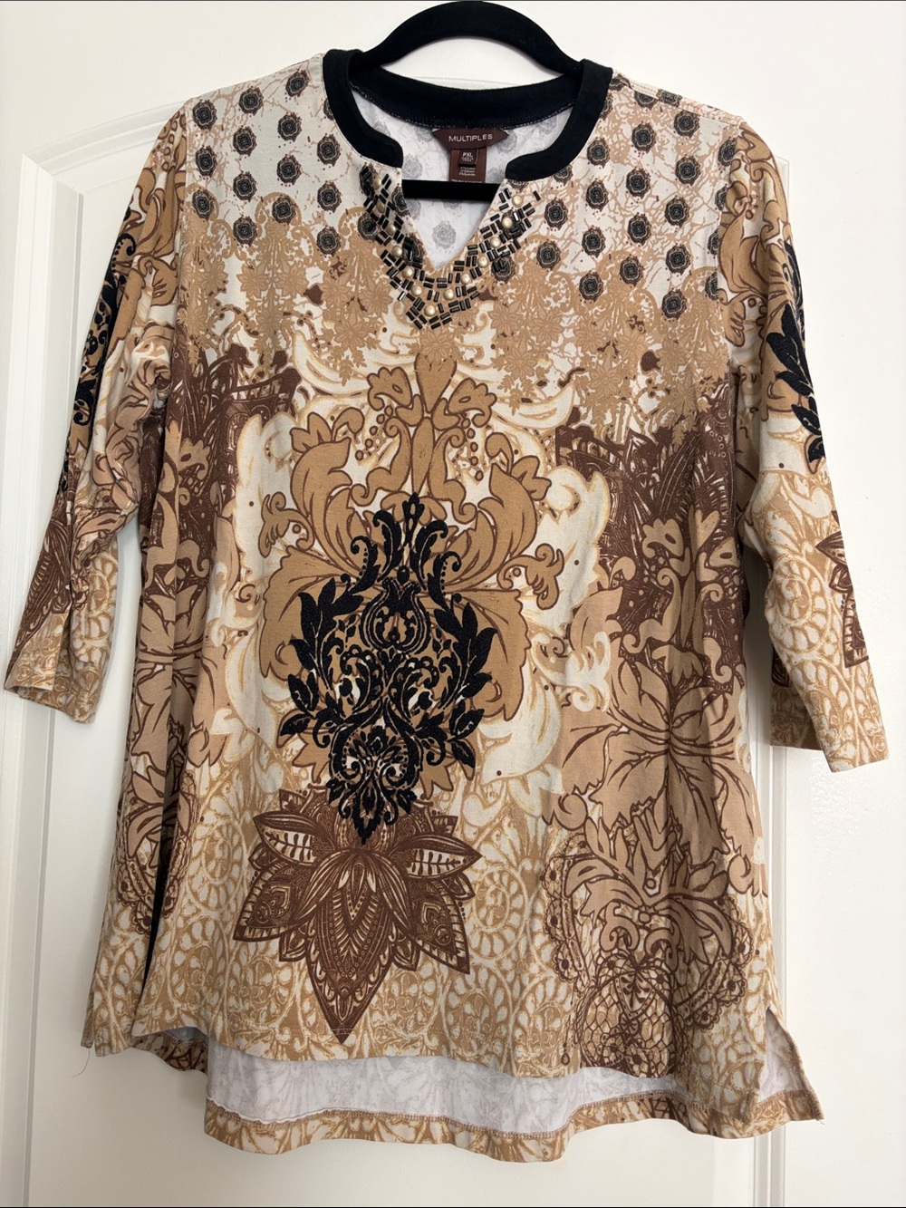 Multiples Brown, Beige & Black Ornate Print 3/4 Sleeve Tunic